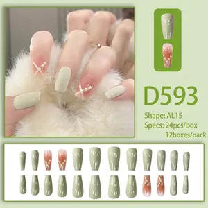 Long press-on nail kit with milk white lines, pearls and green gradient design