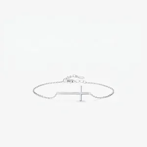 Minimalist 925 Sterling Silver Cross Bracelet For Women Simple Polished Horizontal Dainty Adjustable Link Chain Jewelry