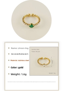 Detailed spec chart of 18K gold plated stainless steel zircon rings with dimensions