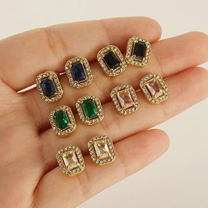 18K gold-plated stainless steel stud earrings with colorful square zircons and rhinestones