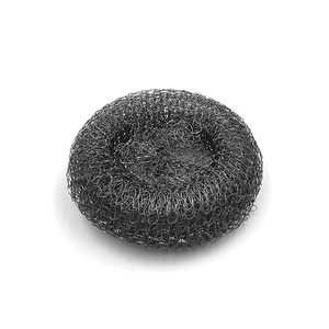 Detailed view of the dense black stainless steel mesh on a round kitchen cleaning ball