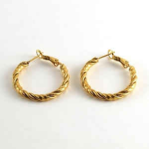 Classic 18k gold plated stainless steel twisted hoop earrings on white background