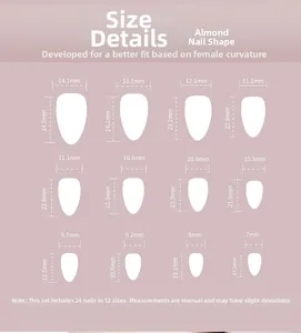Tableau détaillé des tailles pour ongles amandes montrant 12 dimensions de précision
