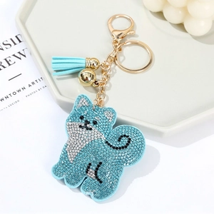 Cute Shiba Inu crystal keychain with blue rhinestones, leather tassel, and golden bell