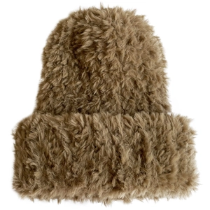 Plush brown faux fur beanie for women, minimalist winter thermal knitted hat design