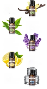 Set aus fünf ätherischen Ölen mit Vanille, grünem Tee und Lavendel auf weißem Hintergrund
