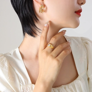 Elegant gold plated four-layer C-shape earrings and ring set with cubic zirconia stones
