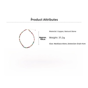 Detail view of colorful natural stone beaded necklace with 18k gold plated clasp and chain