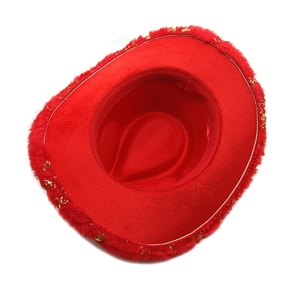 Detail of red cowboy hat with plush brim and gold sequin accents for festive parties