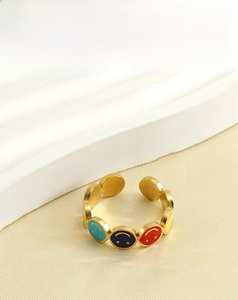 Close-up of stainless steel ring with colorful enamel smiley faces and 18k gold plating