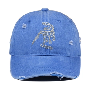 Vintage blue distressed cotton baseball cap with silver dinosaur skeleton embroidery