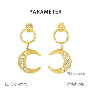 Detail view of 15x14mm gold crescent moon earrings with rhinestones and dimensions