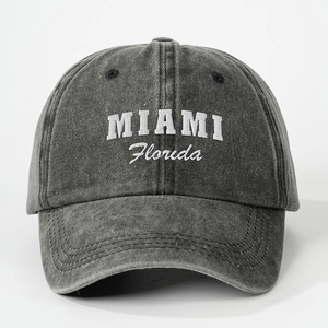 Vintage washed dark grey Miami Florida baseball cap with white 3D embroidery detail