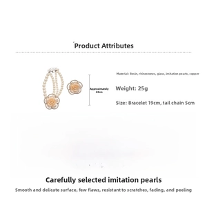 Detailed specs of floral beaded pearl bracelet made of resin, glass, and copper