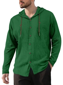 Detailed close-up of forest green cotton-linen shirt texture and button closure