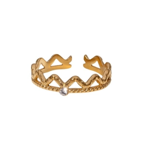 Elegant gold crown stainless steel open ring with sparkling diamond inlay for women