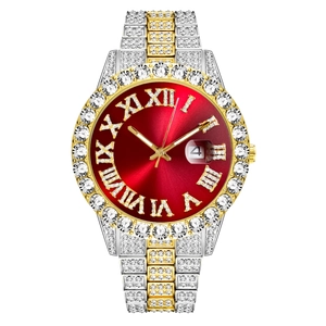 Macro detail of luxury red dial watch with roman numerals and diamond-set bicolor strap