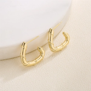 Artistic 14K gold plated geometric earrings in unique anatomical shape on white background