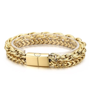 Minimalist punk rock double-layer gold woven stainless steel bracelet with magnetic clasp