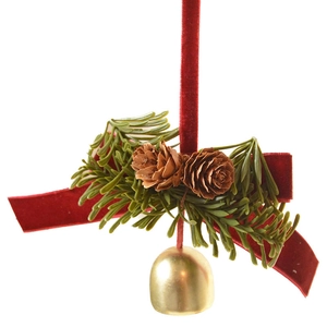 Christmas hanging ornament with golden bell red velvet bow and pine cone on white background