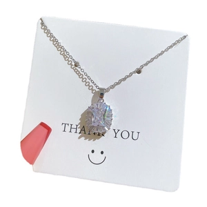 Titanium steel silver necklace featuring a sparkling rectangular zircon pendant on a white card
