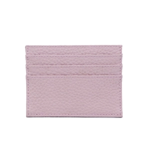 Close-up detail of pink lychee pattern leather card holder with multiple card slots