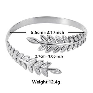 Silver C-shaped stainless steel open bracelet with elegant olive leaf vine design