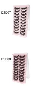Macro shot of DSD07 and DSD08 10-pair thick eyelash sets on pink display trays