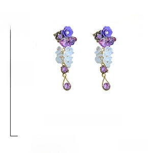 Detail view of purple crystal flower earrings with 925 silver needles and measurements