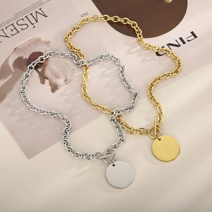 Stainless Steel Necklace And Bracelet Polished Round Disc Pendant Toggle Clasp Hip Hop Minimalist Fashion Jewelry For Women