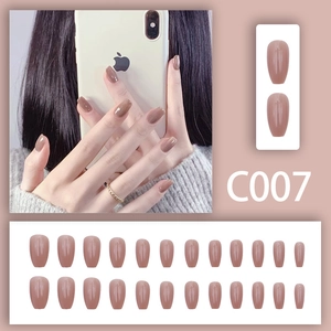 Minimalist glossy nude beige press-on nails set with long coffin shape and 24 pieces