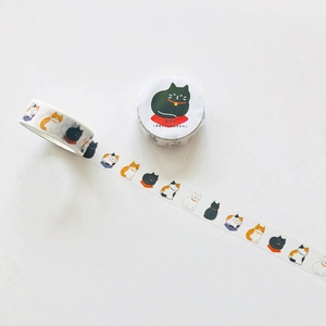 Detail of cute cartoon cat washi tape featuring various feline poses for scrapbooking