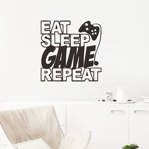 Modern black Eat Sleep Game Repeat wall decal with game controller on a white wall