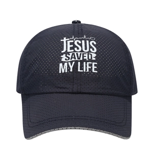 Quick-dry mesh baseball cap in black with white Jesus Saved My Life graphic print