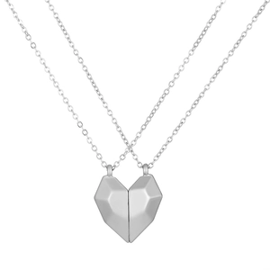 Silver magnetic heart pendant necklaces for couples with geometric faceted design