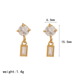 Elegant gold stainless steel drop earrings with cubic zirconia and size measurements