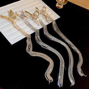Gros plan de pinces à cheveux papillon en strass étincelants avec de longues franges en métal