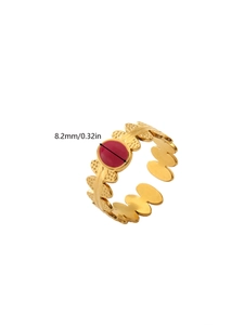 Detail showing 8.2mm red enamel center on 18k gold plated vintage cutout ring