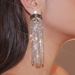 Detail of silver rhinestone tassel earrings featuring a black gemstone and sparkling stones