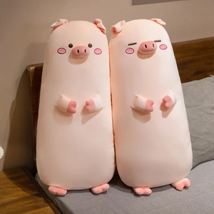 Cute Piggy Plush Body Pillow Long Soft Pink Stuffed Animal Squinting Round Eyes Sleeping Cushion Gift For Kids Girls