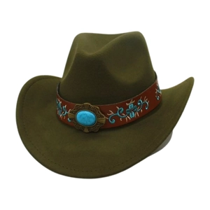 Detail of olive green felt cowboy hat featuring turquoise concho and floral embroidery