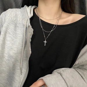 Three-layer titanium steel cross necklace for women featuring a stylish silver layered design