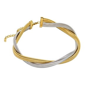 Detail view of interlocking gold and silver snake bone chain necklace with lobster clasp
