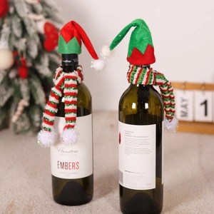 Christmas elf themed wine bottle decoration set with felt hat and striped knit scarf decor