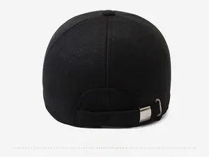 Detail of black baseball cap back view showing the adjustable metal buckle and strap