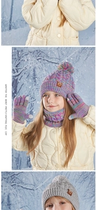 Detailed knit texture of kids winter set with colorful pompom hat, scarf and gloves