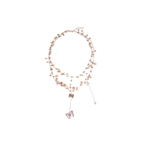 Double-layered gold necklace with resin flowers and crystal butterfly pendants for women