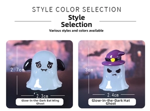 Luminous Halloween owl ghost miniature figurines with bat wings and purple wizard hat