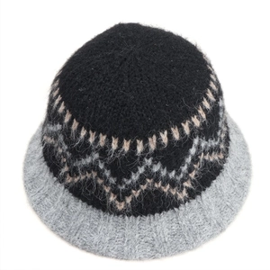 Close-up of soft knit bucket hat featuring diamond pattern and mohair wool texture