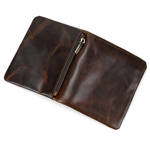 Vintage brown genuine leather bifold wallet with retro oily texture and bronze zipper detail